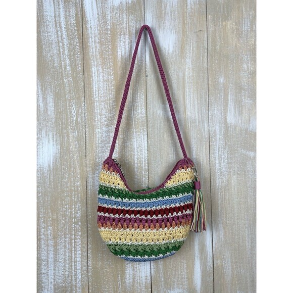 THE SAK Rainbow Crochet Crossbody Bag Boho Festival 9" x 9" Pink Tassel Keychain - Picture 5 of 14